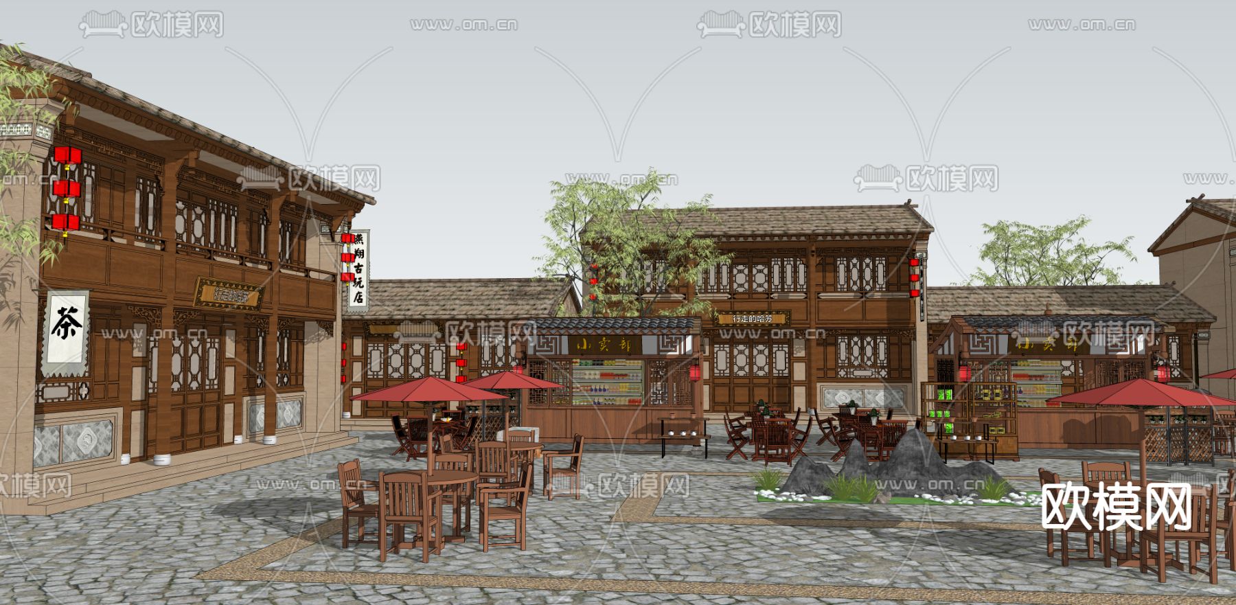 中式商业街老街su模型下载（渲染图2）