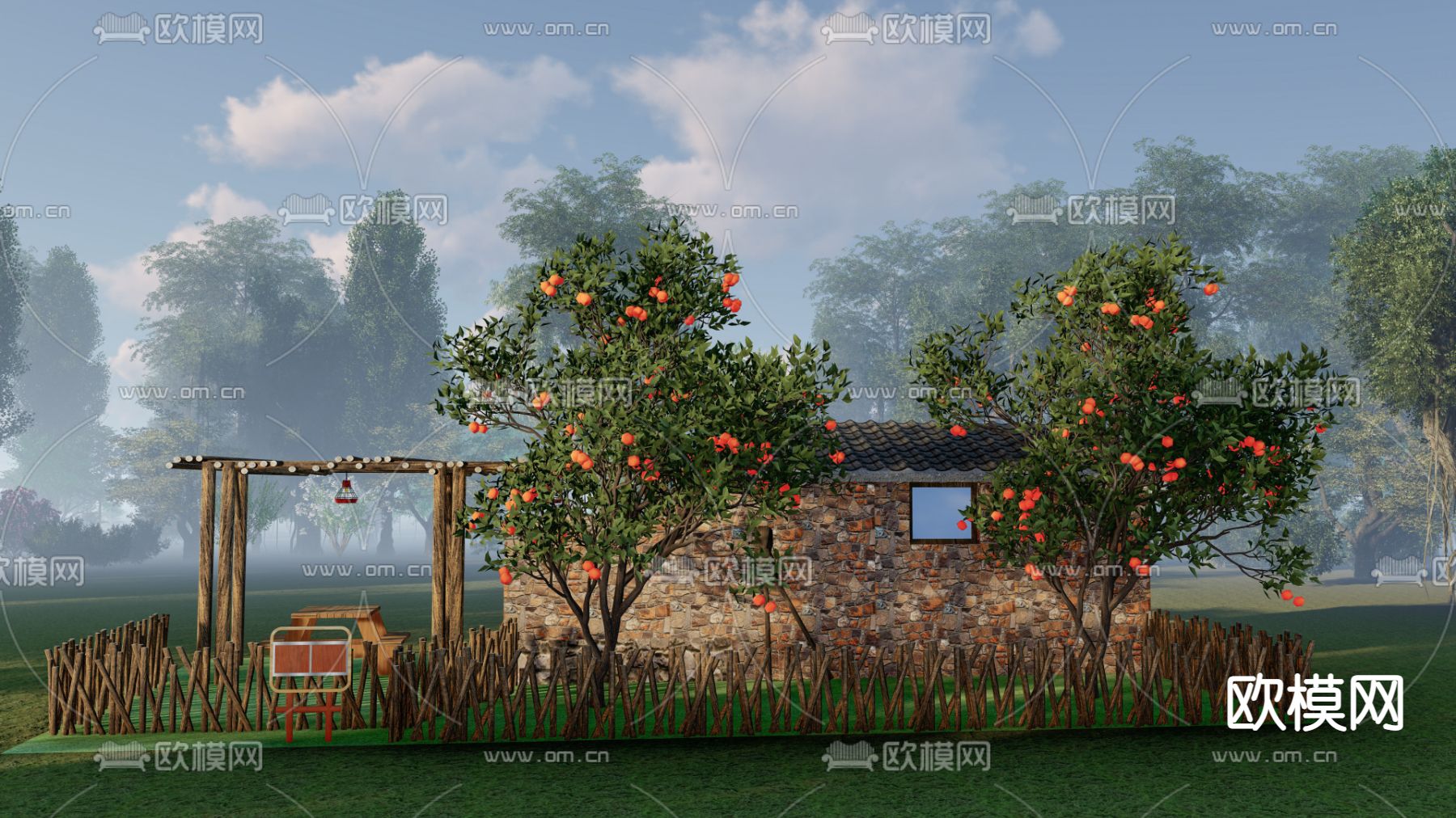 现代柑橘树橘子树su模型下载（渲染图1）