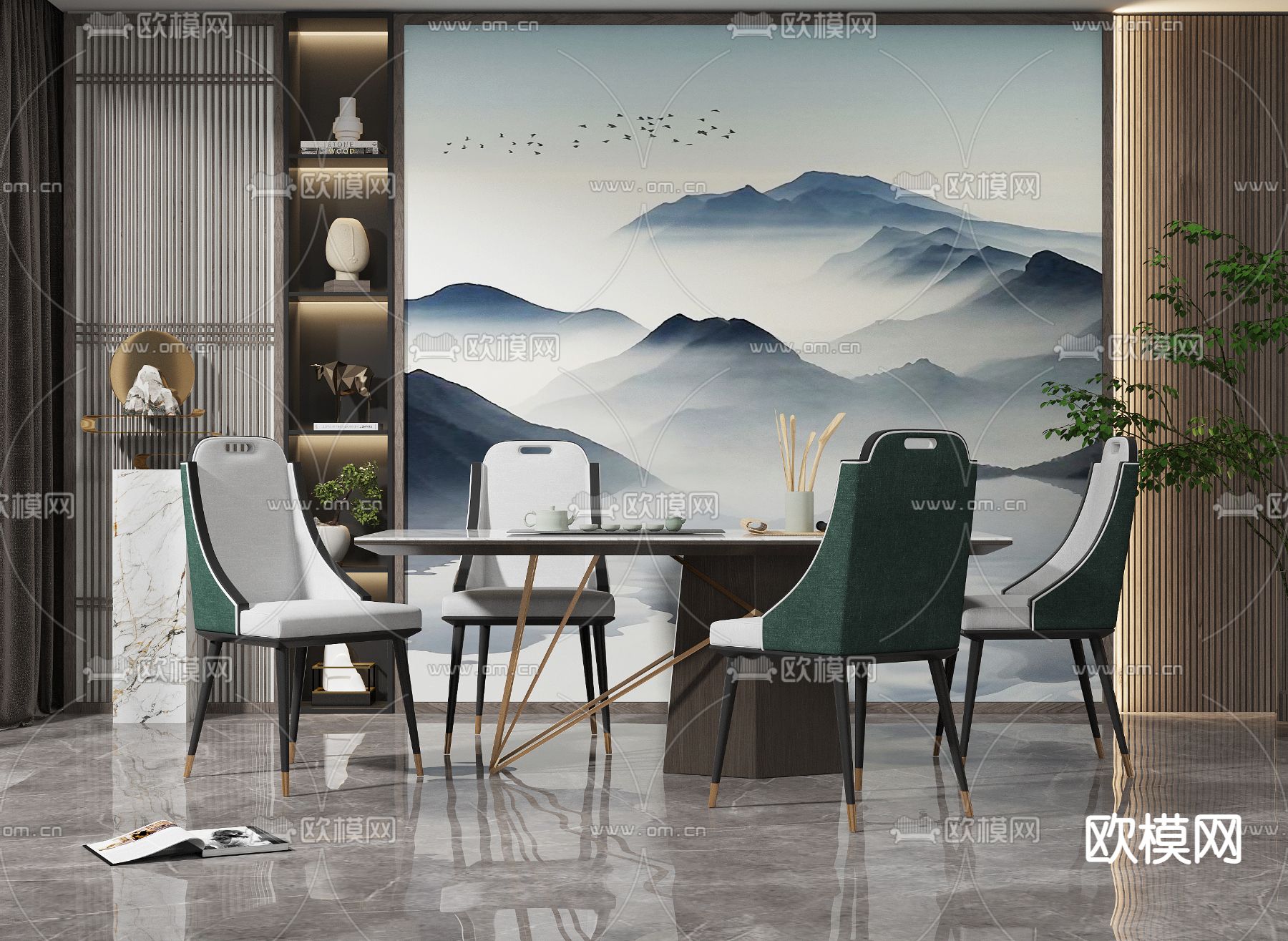 新中式大理石茶桌椅3d模型下载