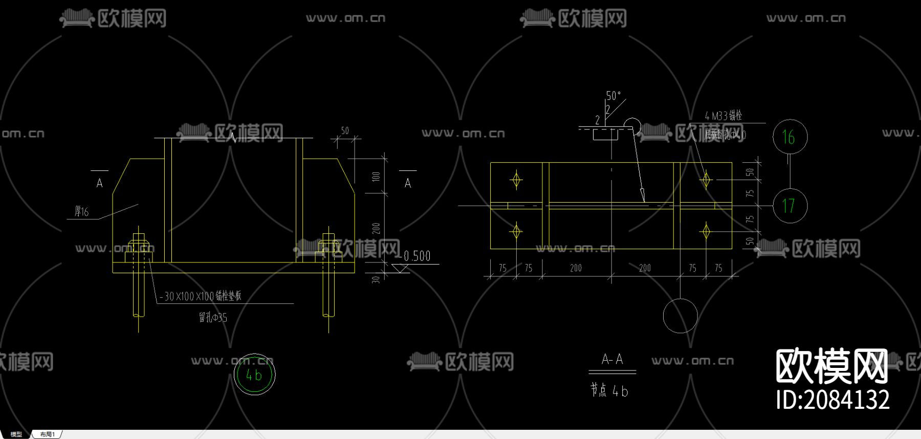 400X250弱刚接柱脚节点CAD构造详图下载