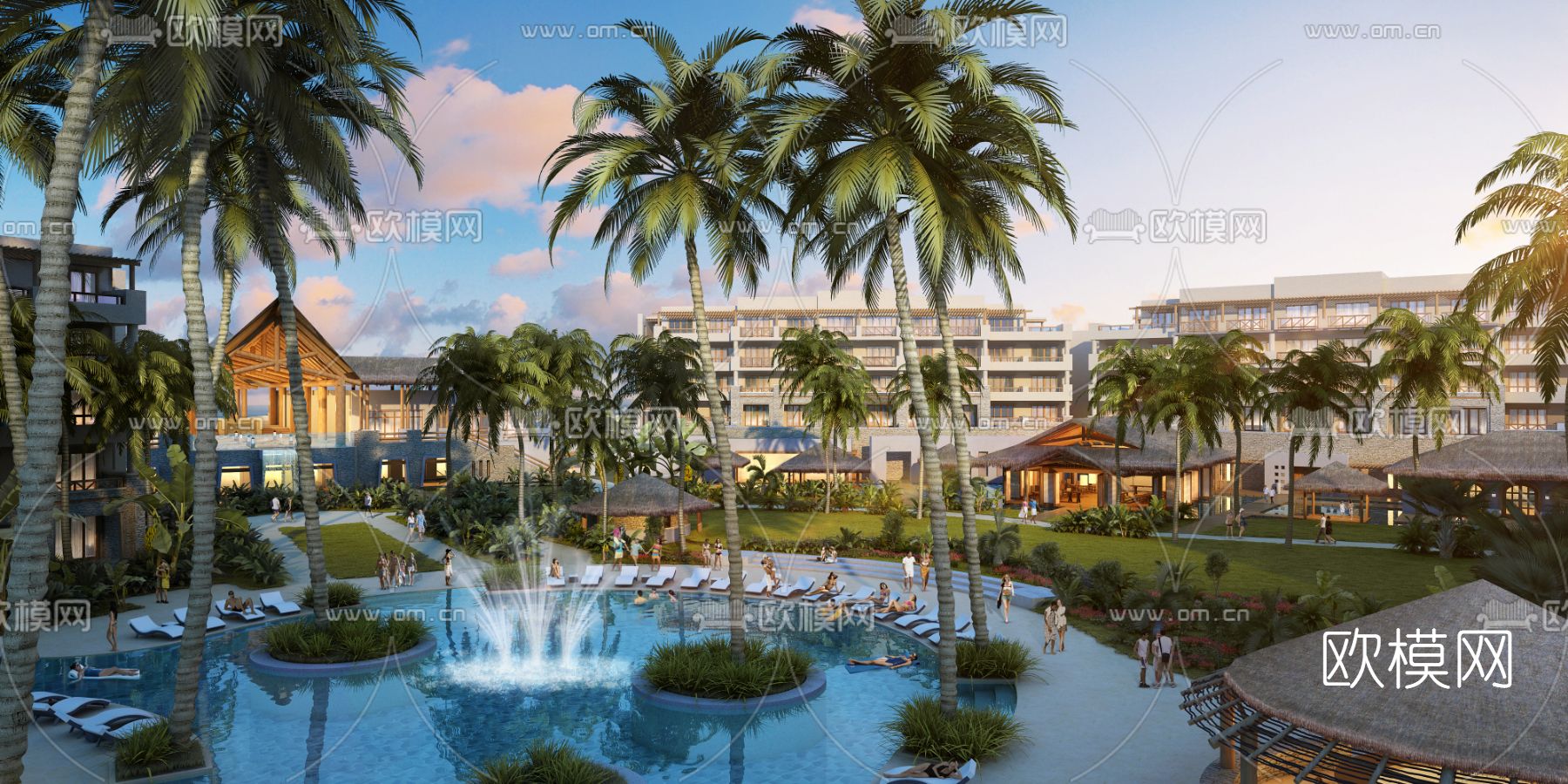 现代度假村泳池景观3d模型下载