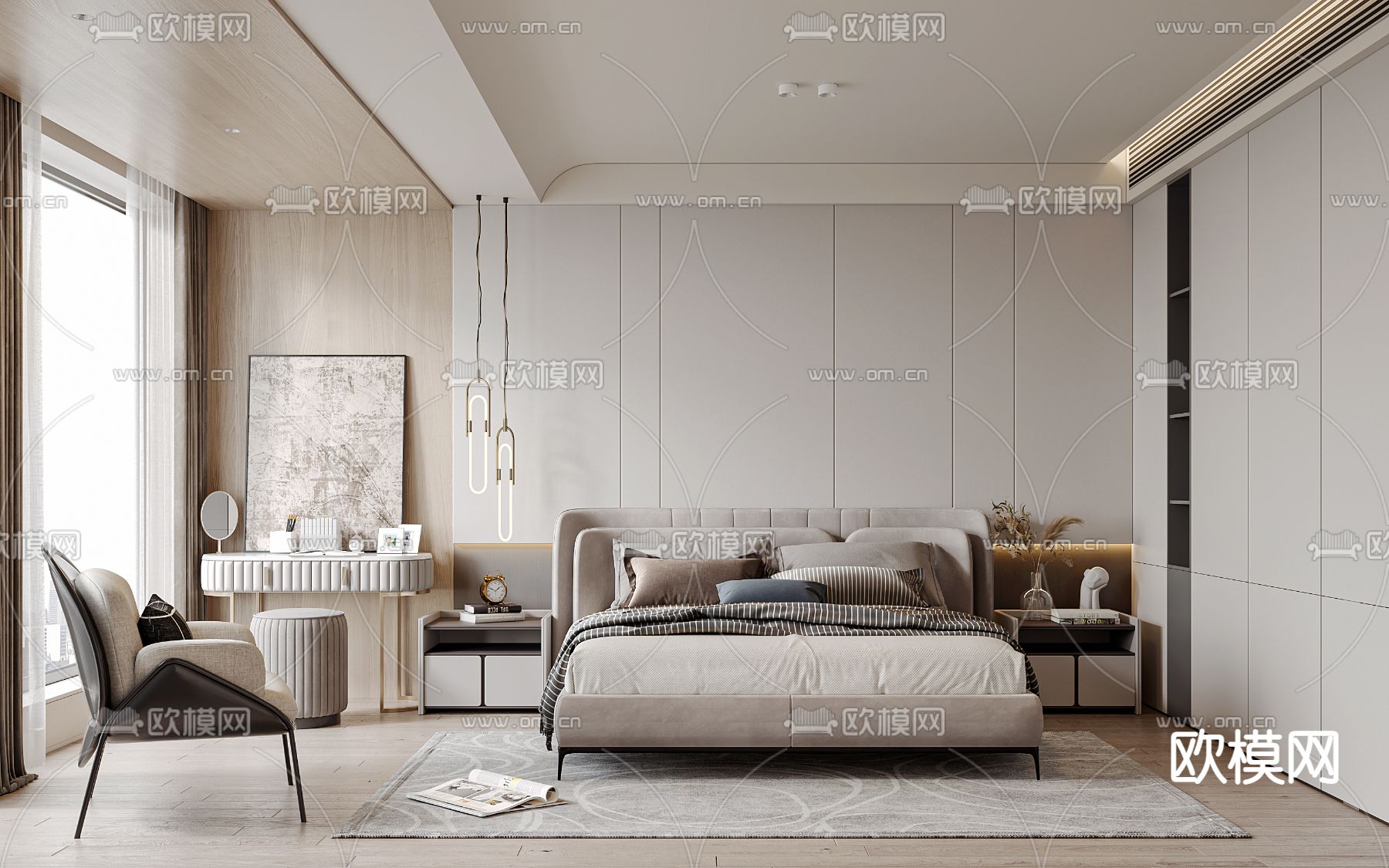 现代卧室主人房su模型下载（渲染图1）