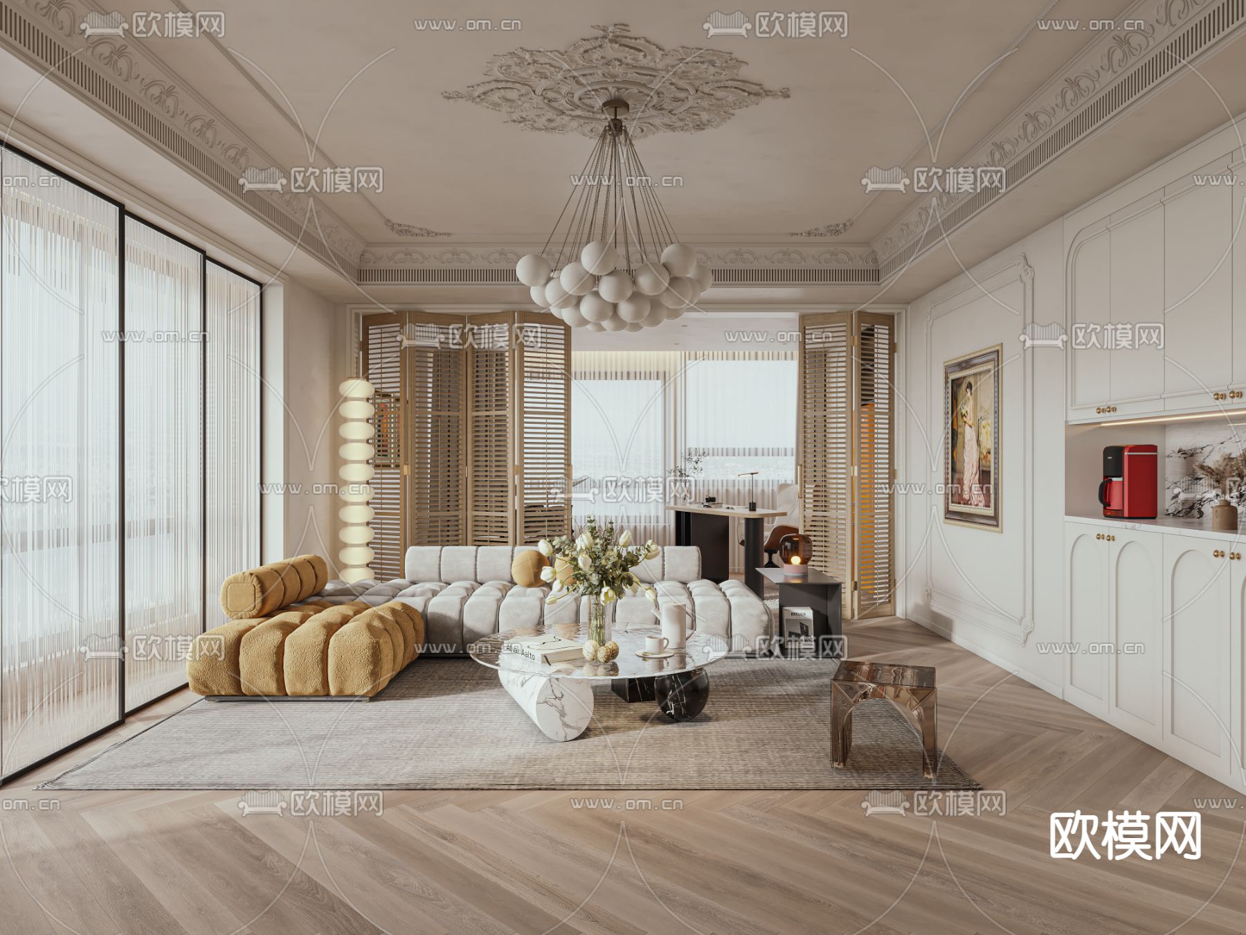 法式客餐厅3d模型下载（渲染图2）