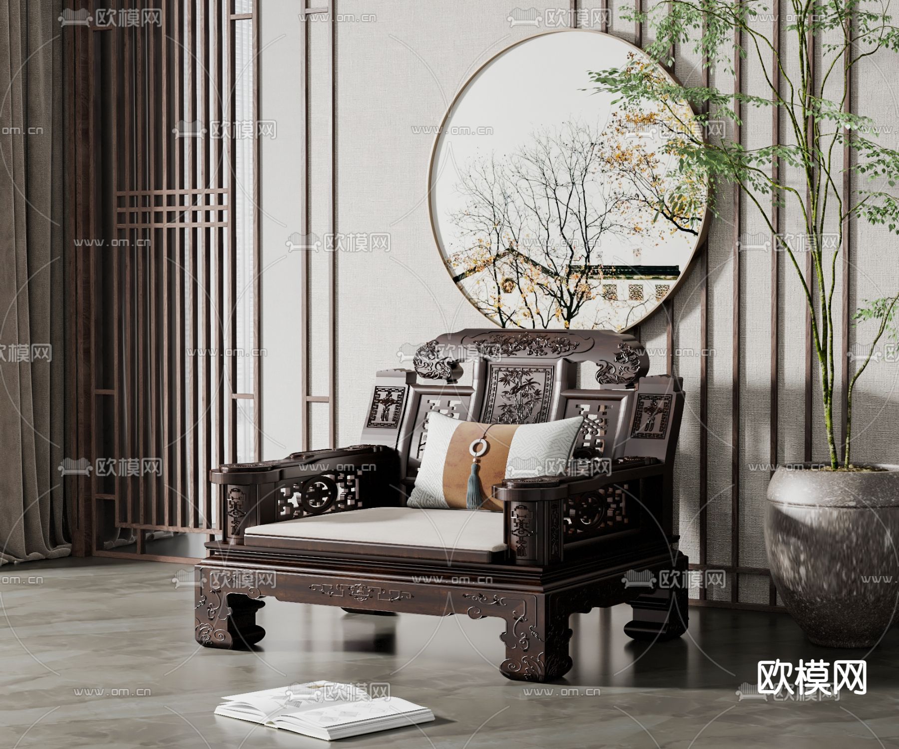 中式实木雕花单人沙发3d模型下载