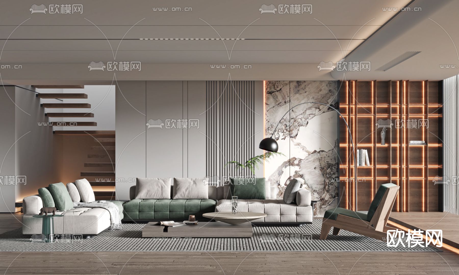 现代布艺转角沙发组合3d模型下载（渲染图1）