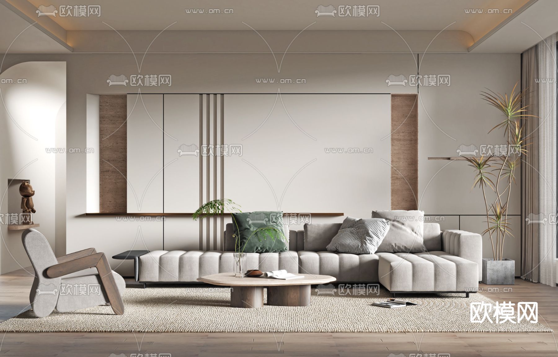 现代布艺转角沙发组合3d模型下载（渲染图1）