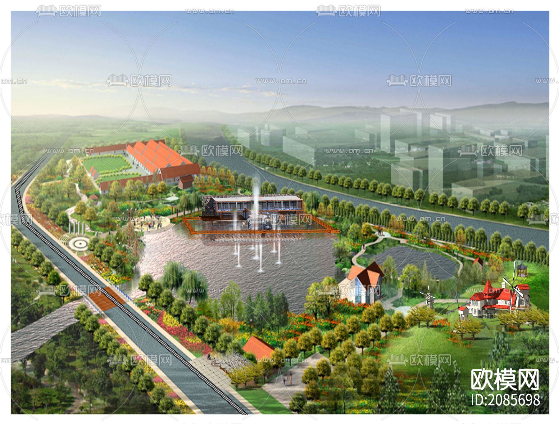 滨水公园CAD施工图+效果图下载（渲染图3）