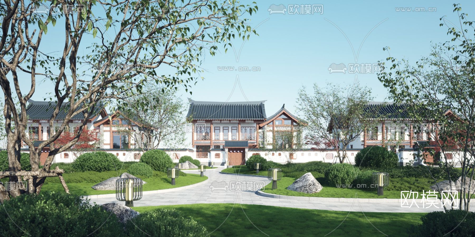 中式独栋别墅外观3d模型下载