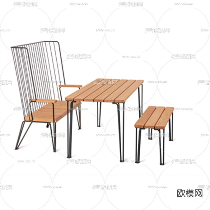 北欧简约实木不锈钢户外公用卓椅免费3d模型下载