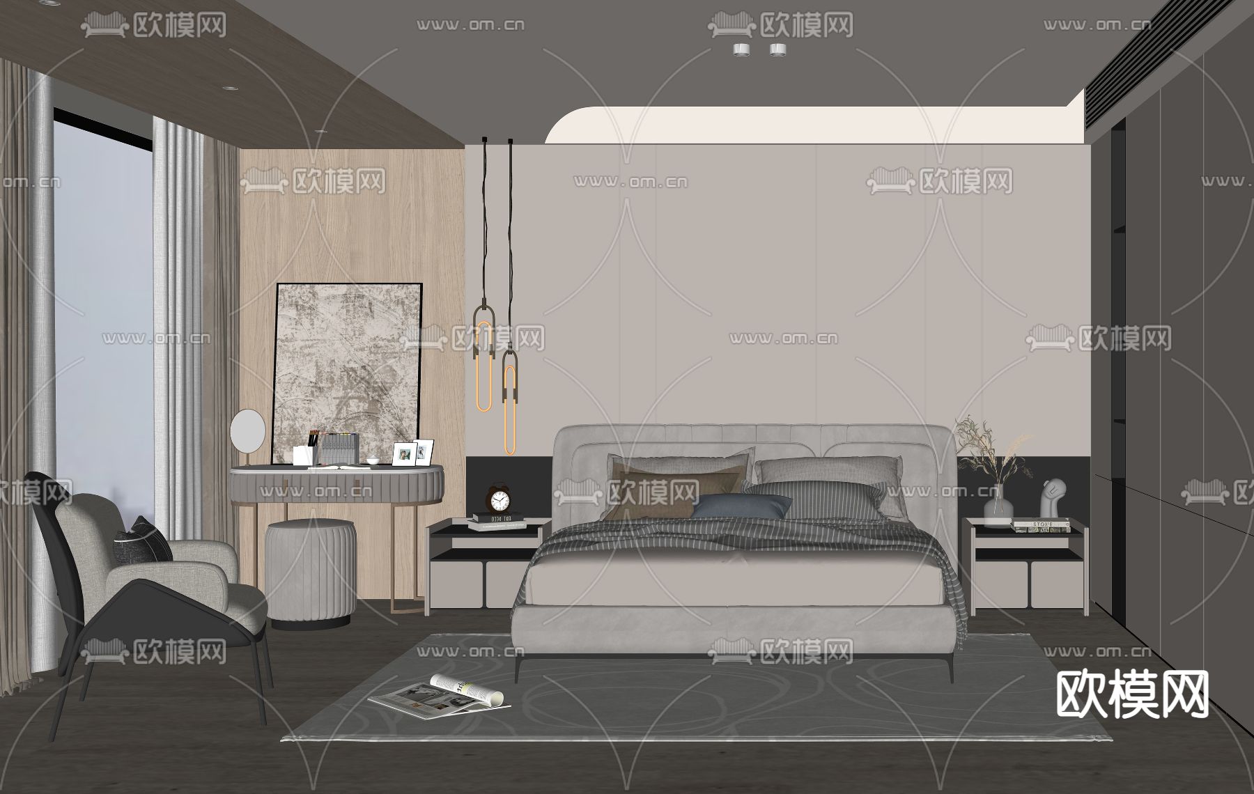 现代卧室主人房su模型下载（渲染图2）