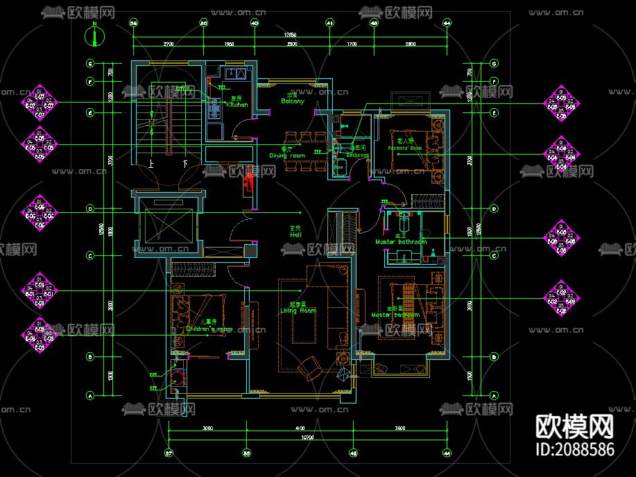 瑞公馆130平CAD施工图下载（渲染图2）