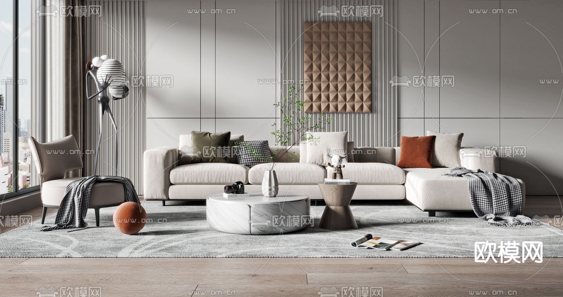 现代沙发茶几组合su模型下载（渲染图1）