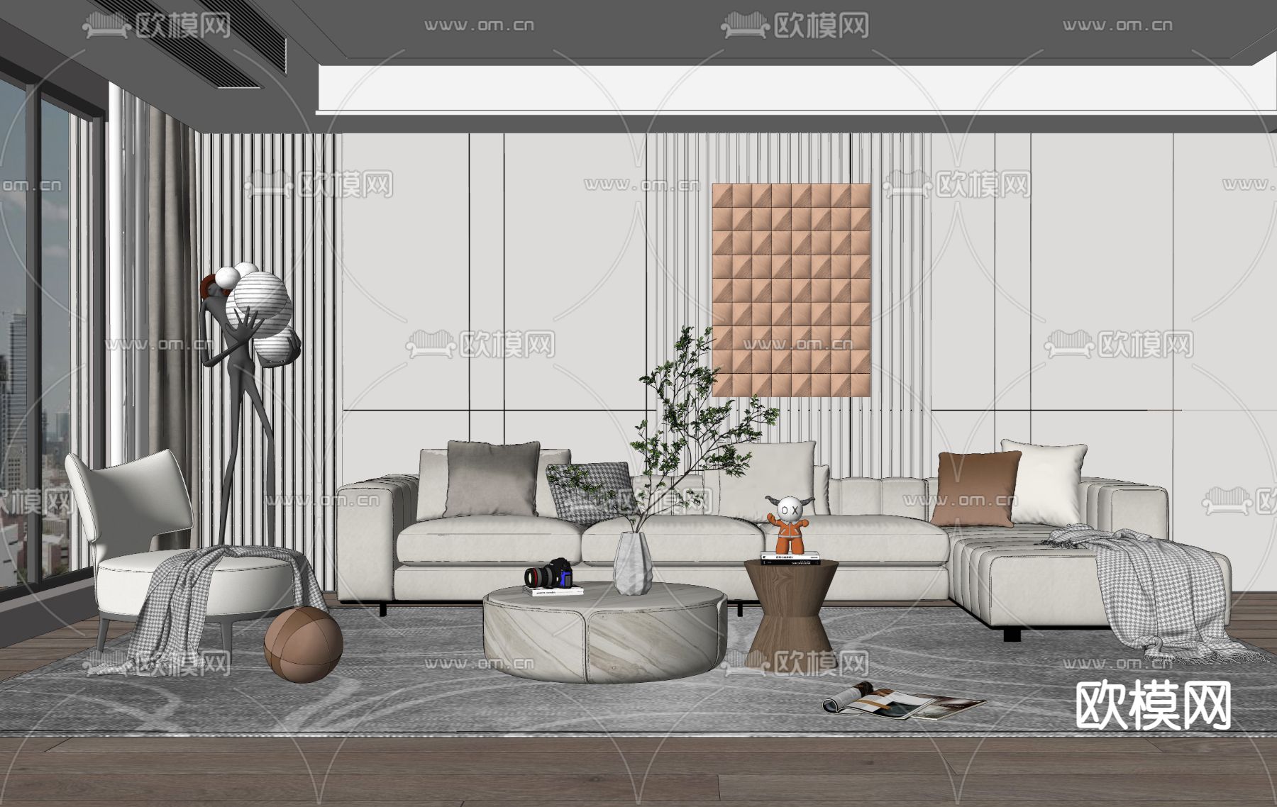 现代沙发茶几组合su模型下载（渲染图2）