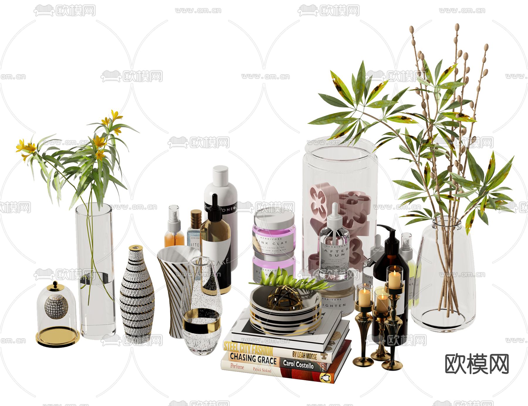 现代花瓶书籍蜡烛摆件3d模型下载