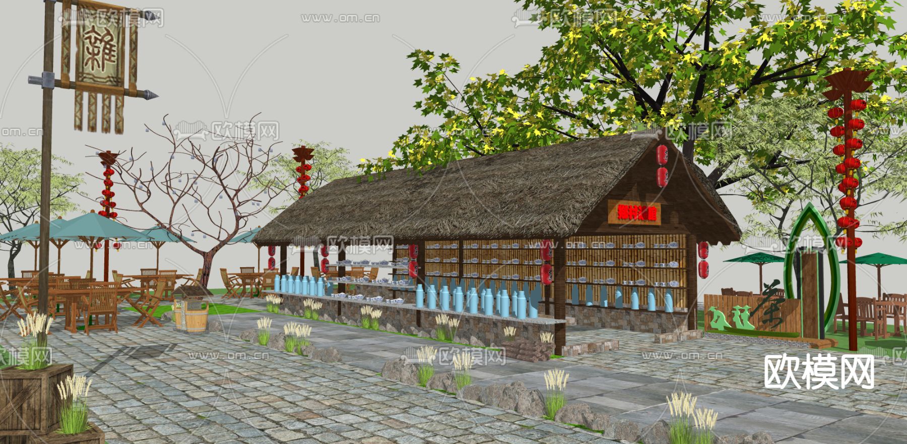 中式乡村茅草亭su模型下载（渲染图3）
