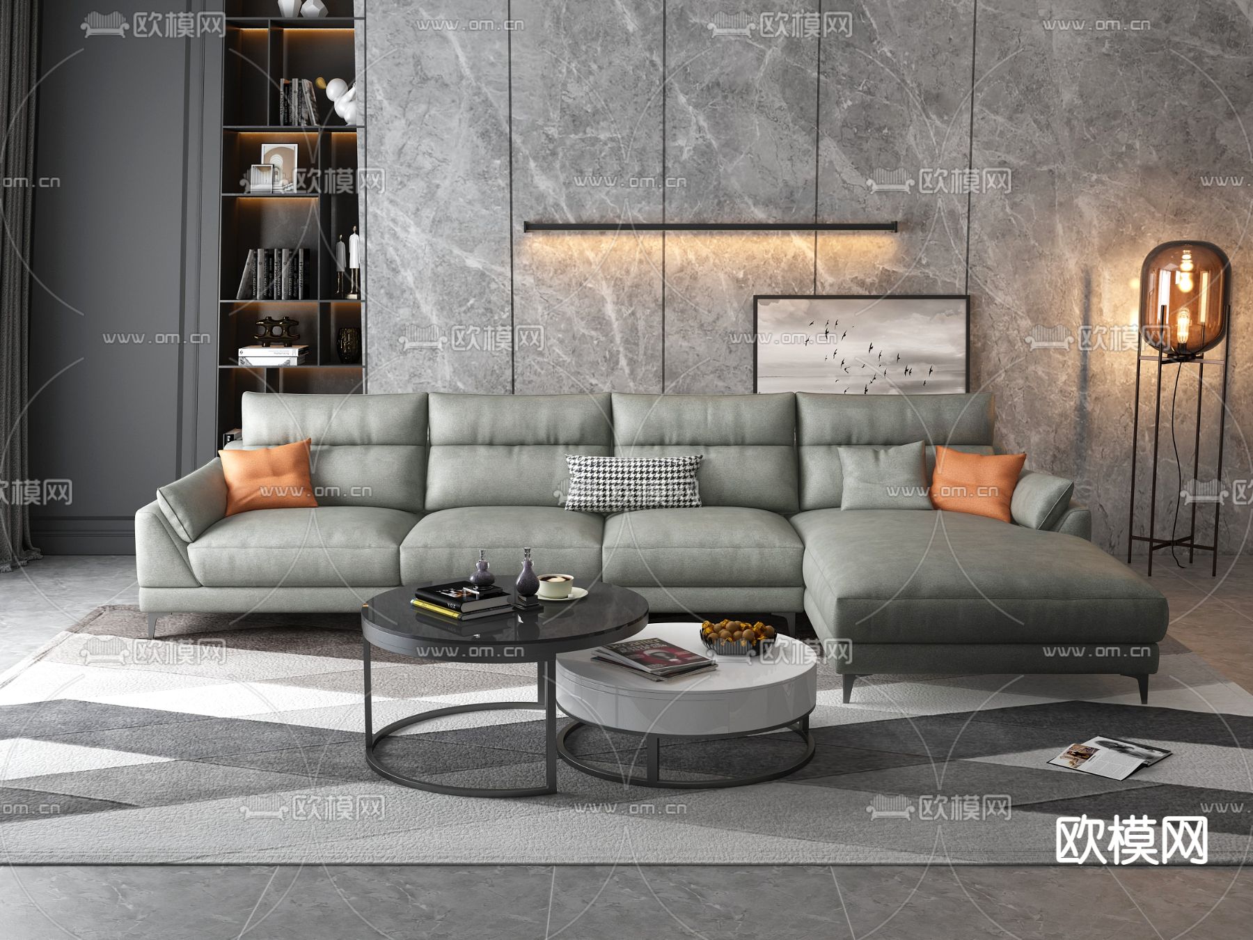 现代皮革转角多人沙发3d模型下载（渲染图1）