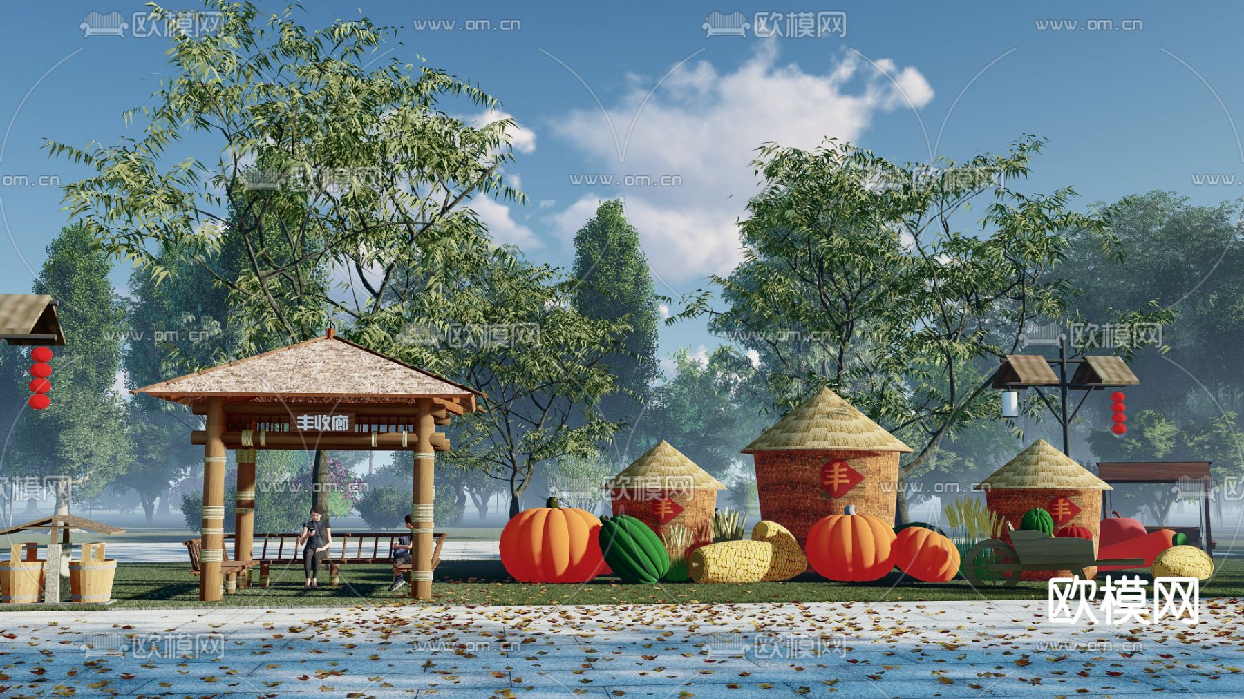 中式乡村景观小品su模型下载（渲染图2）