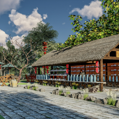  中式乡村茅草亭su模型 