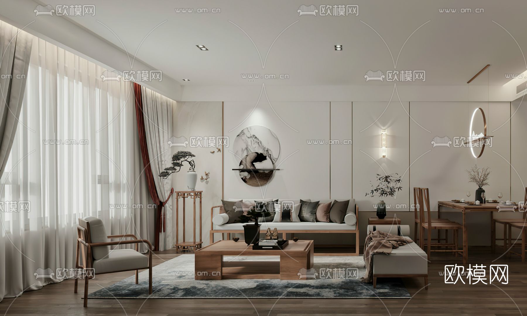 新中式客厅餐厅3d模型下载（渲染图1）