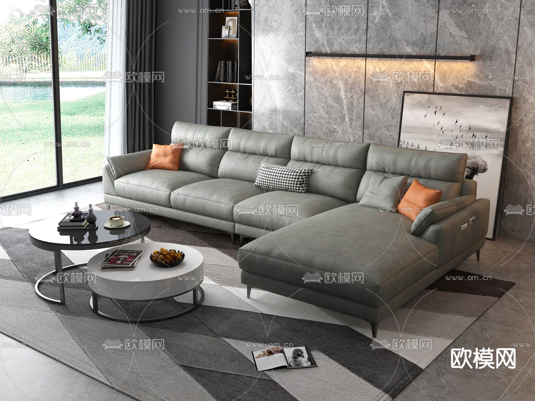 现代皮革转角多人沙发3d模型下载（渲染图2）