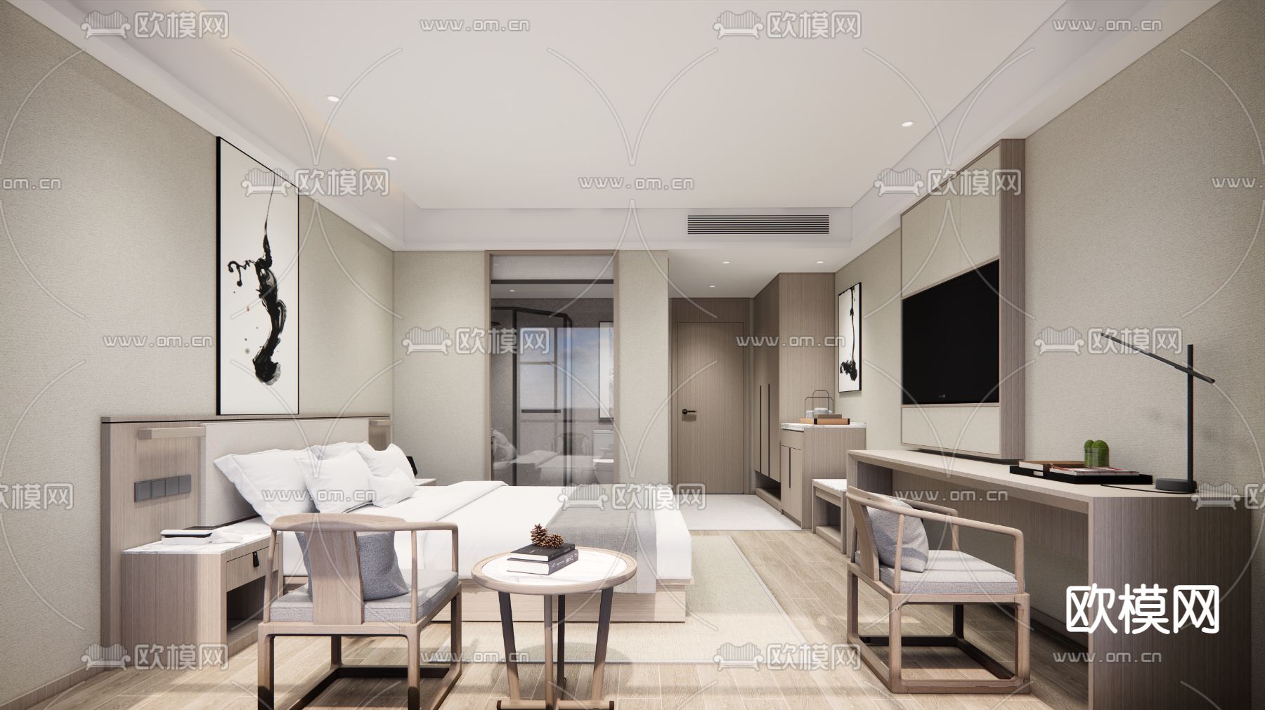 新中式酒店客房su模型下载（渲染图1）