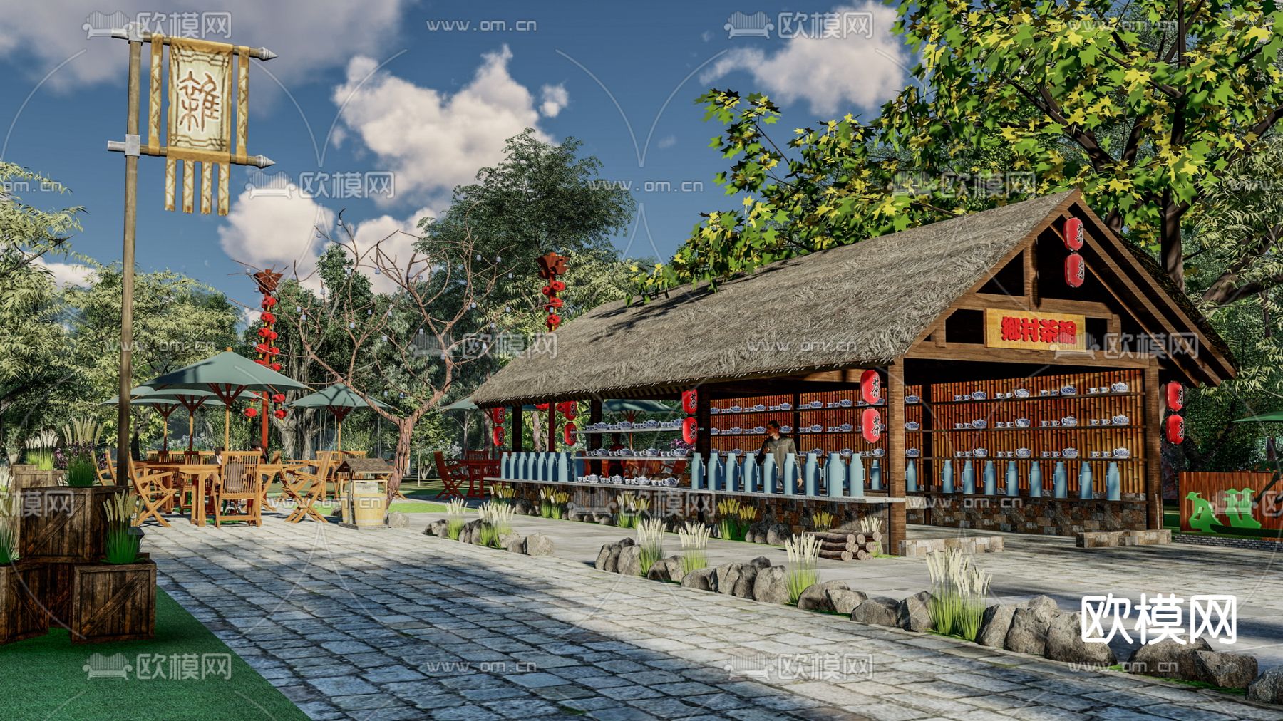中式乡村茅草亭su模型下载（渲染图2）