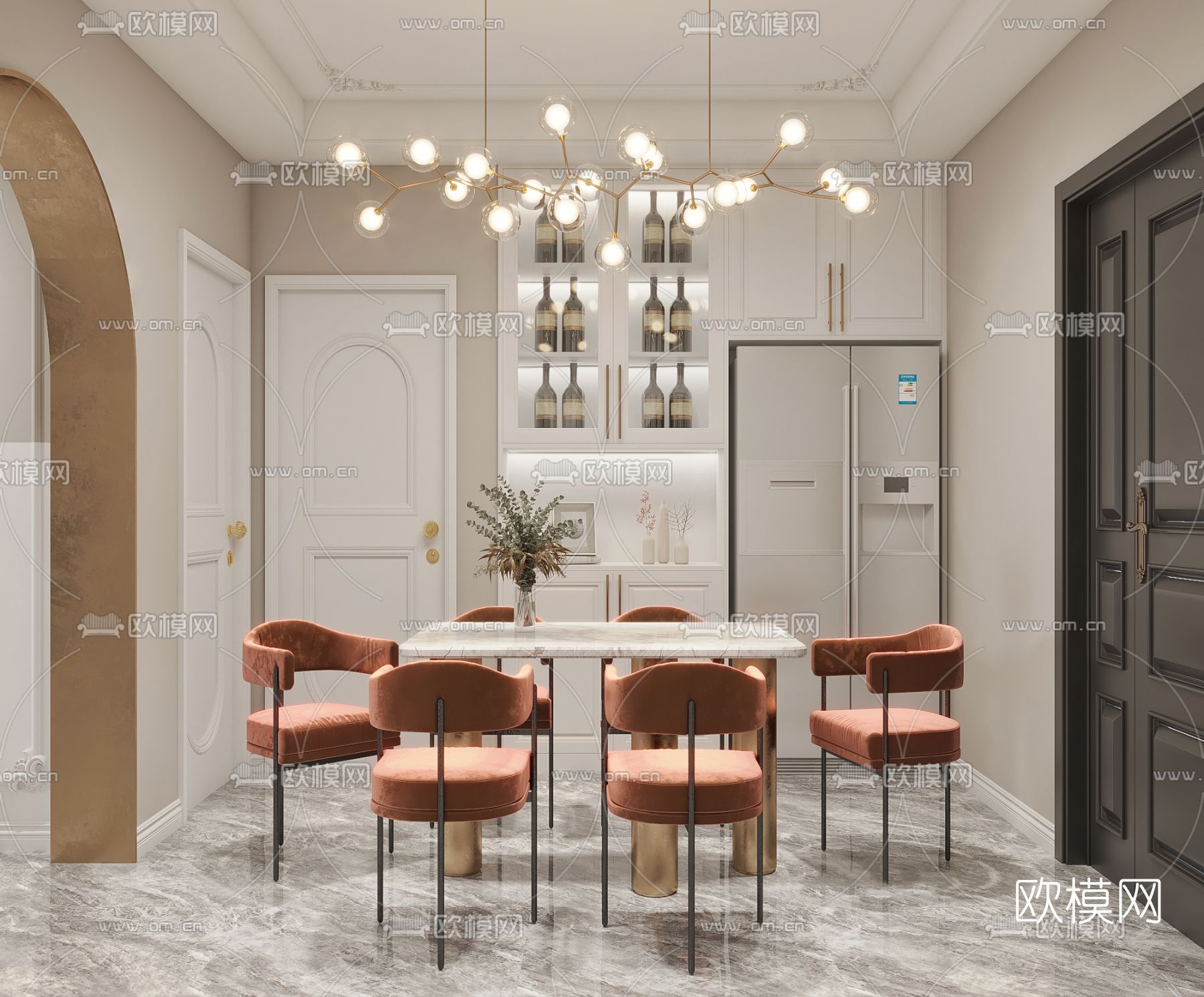 简欧客厅餐厅3d模型下载（渲染图2）