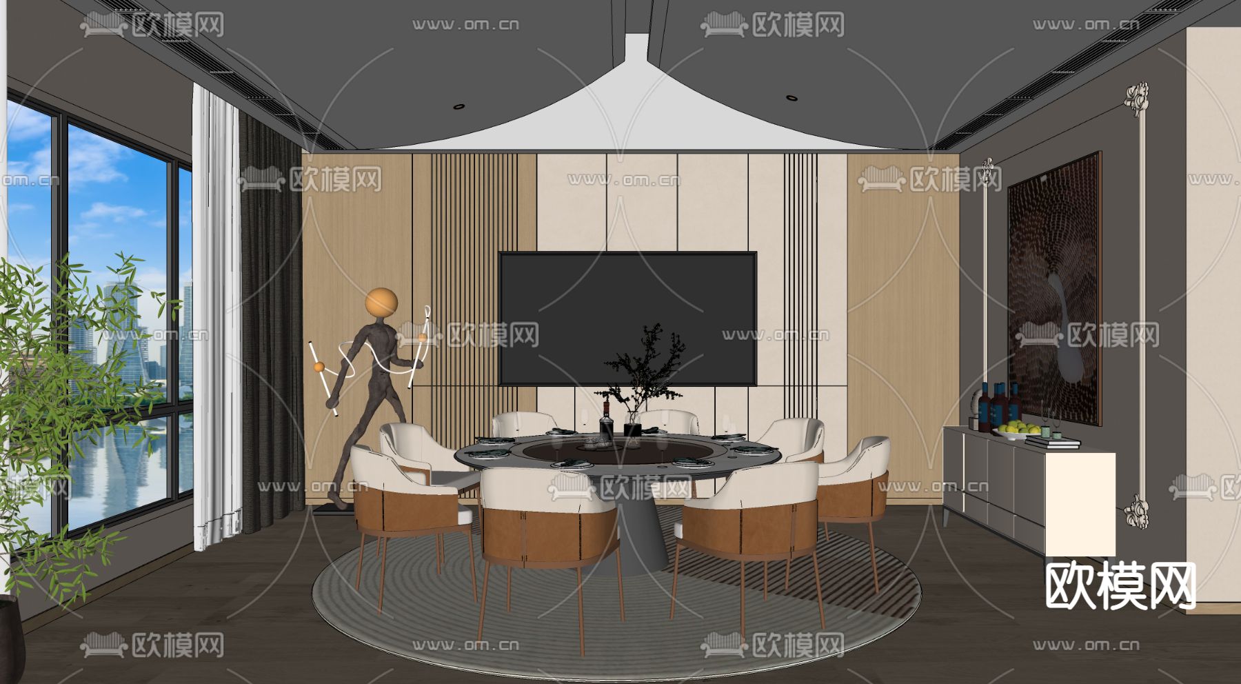 现代餐厅包间su模型下载（渲染图2）