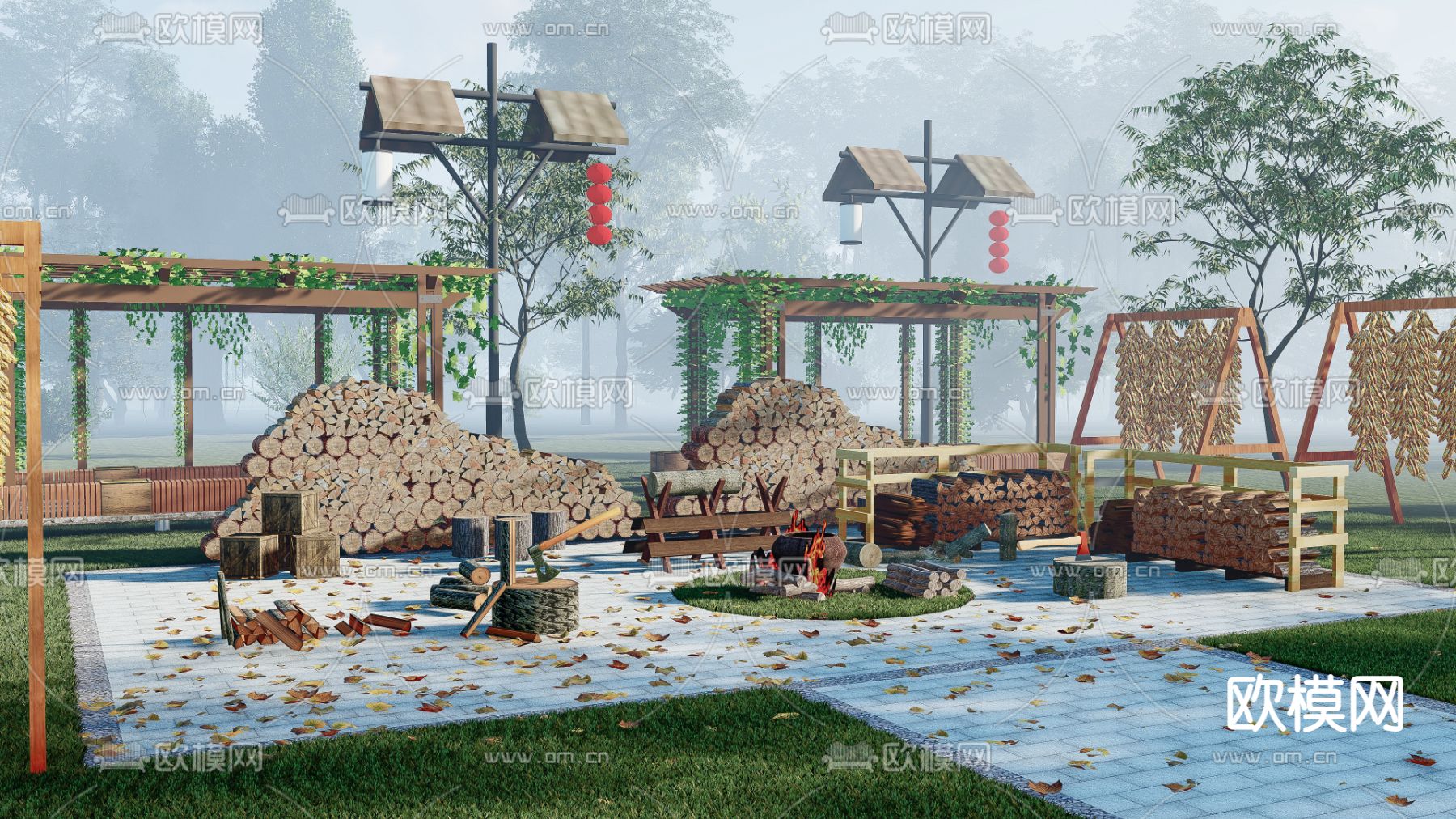 中式乡村景观小品su模型下载（渲染图1）
