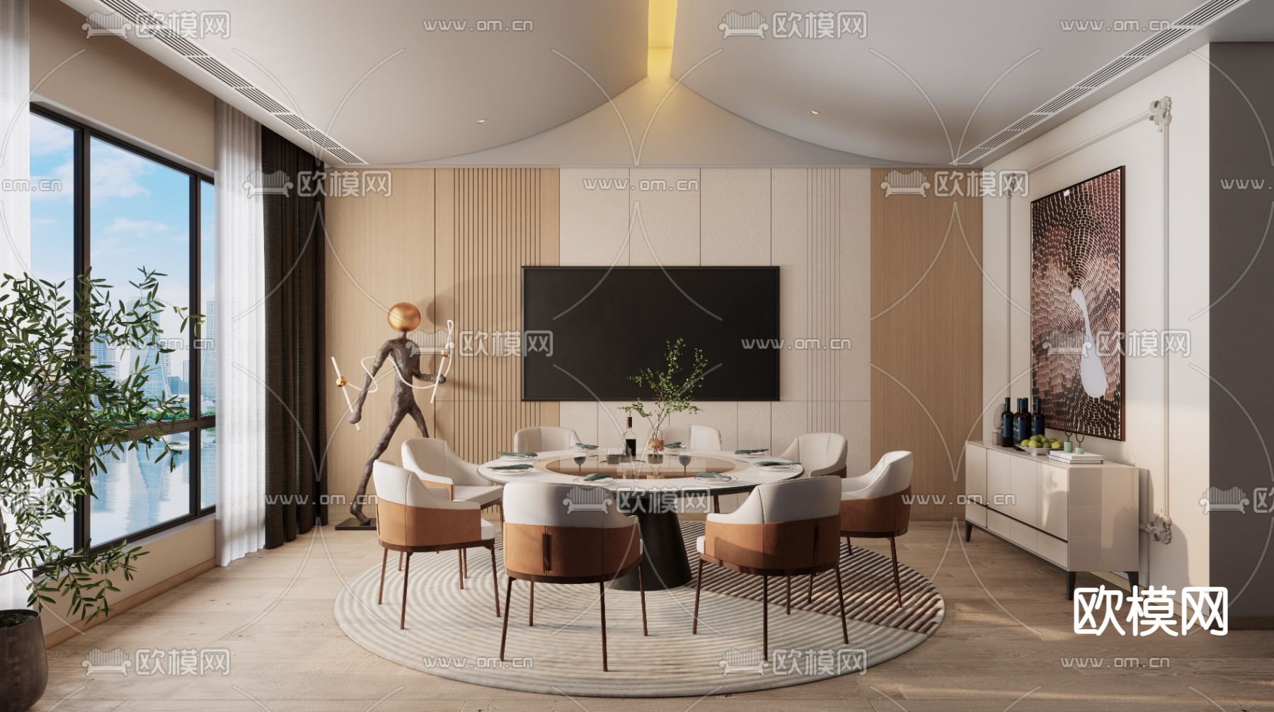 现代餐厅包间su模型下载（渲染图1）