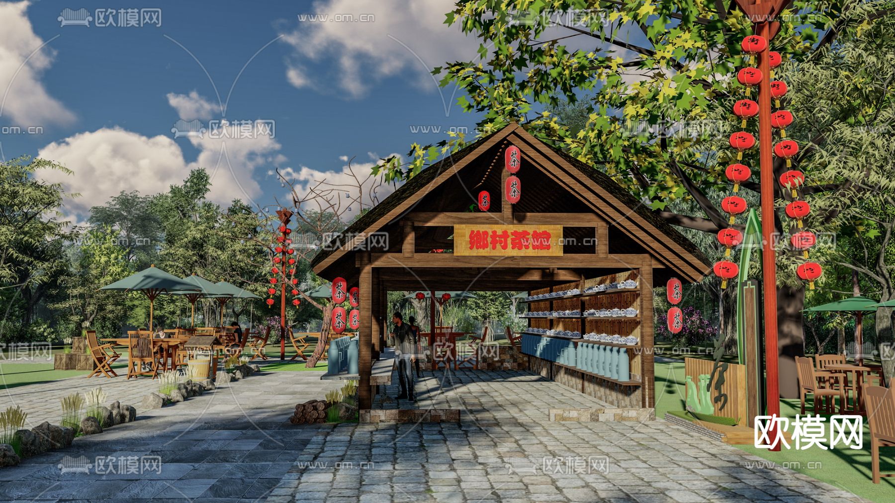 中式乡村茅草亭su模型下载（渲染图1）