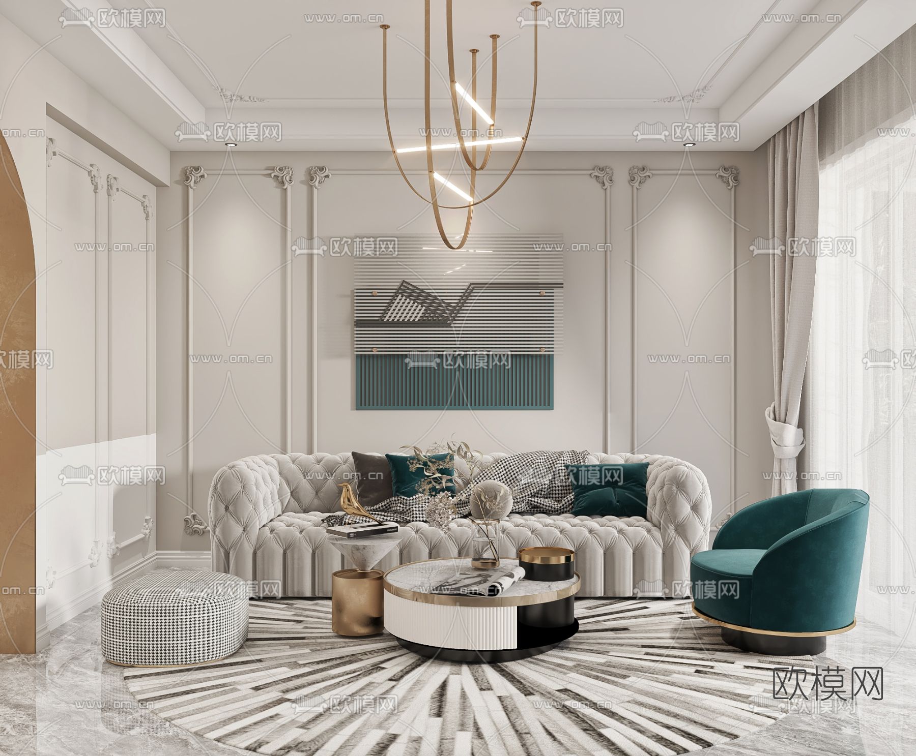 简欧客厅餐厅3d模型下载（渲染图1）