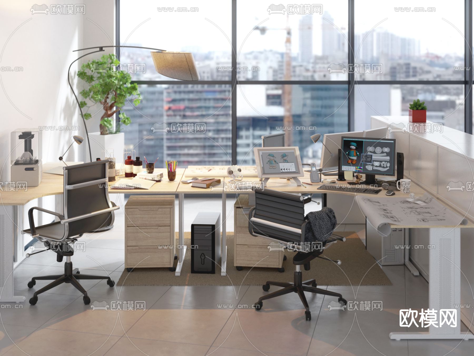 现代办公卡位3d模型下载（渲染图2）