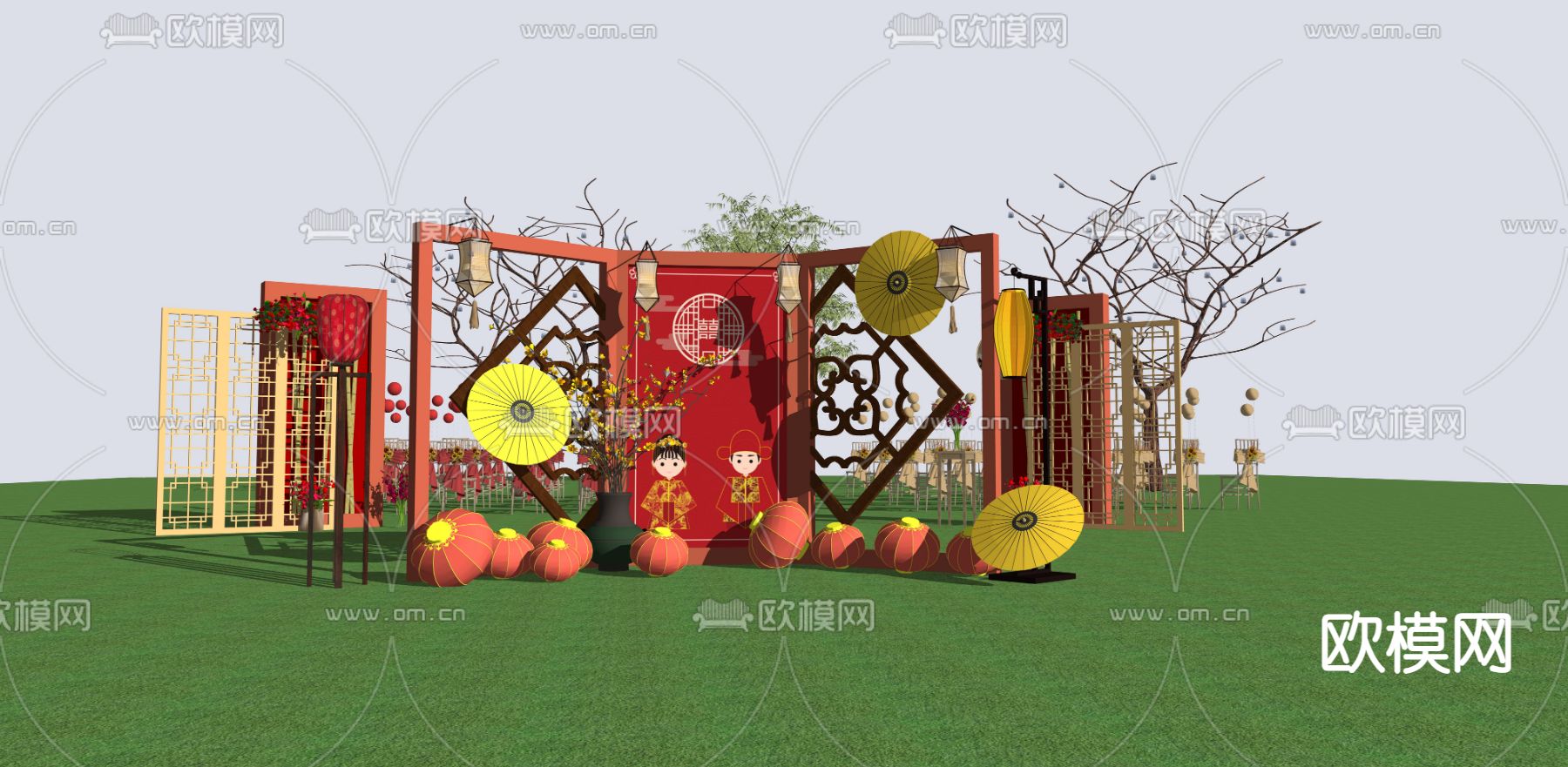 中式婚礼装扮su模型下载（渲染图3）