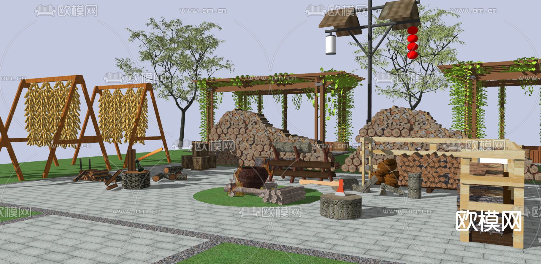 中式乡村景观小品su模型下载（渲染图2）