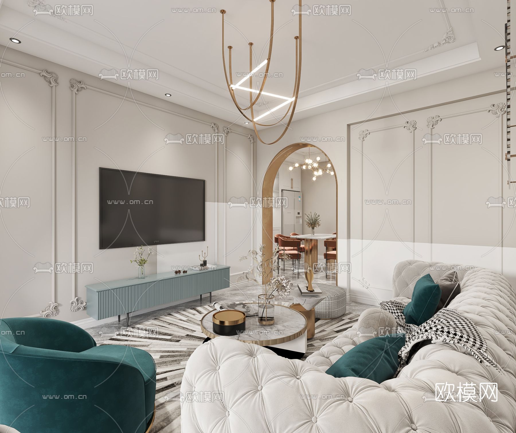 简欧客厅餐厅3d模型下载（渲染图3）