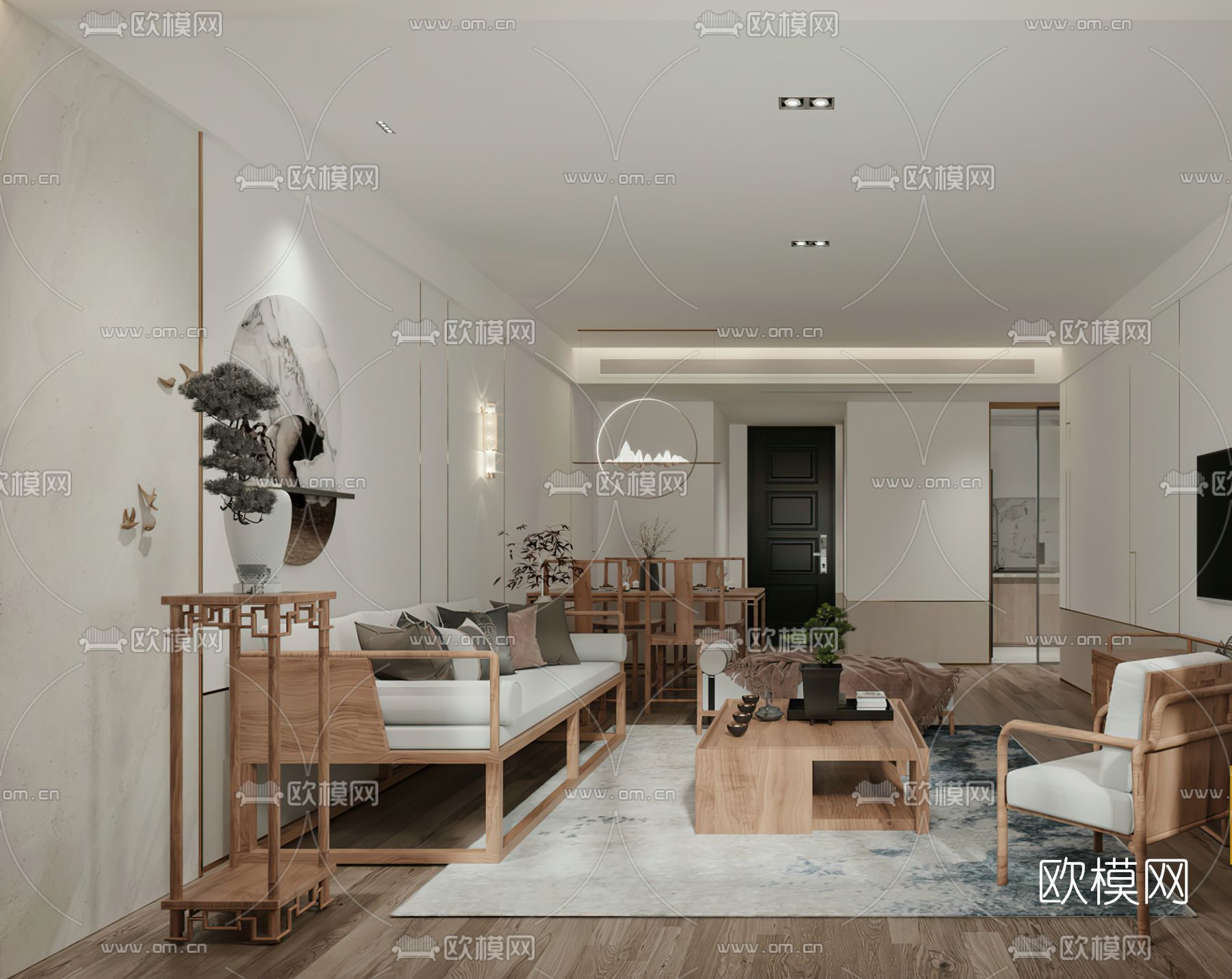 新中式客厅餐厅3d模型下载（渲染图2）