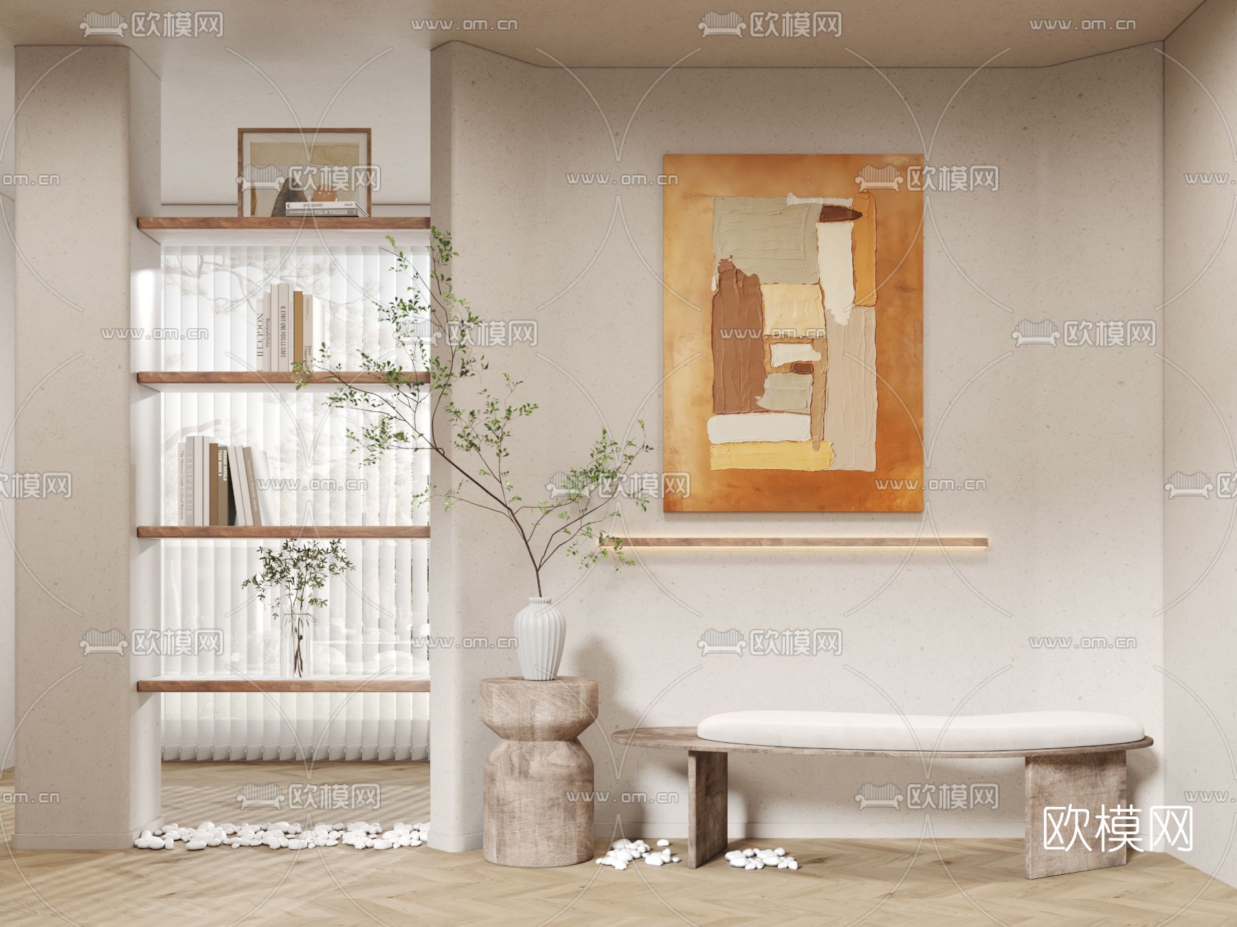 侘寂布艺长凳3d模型下载