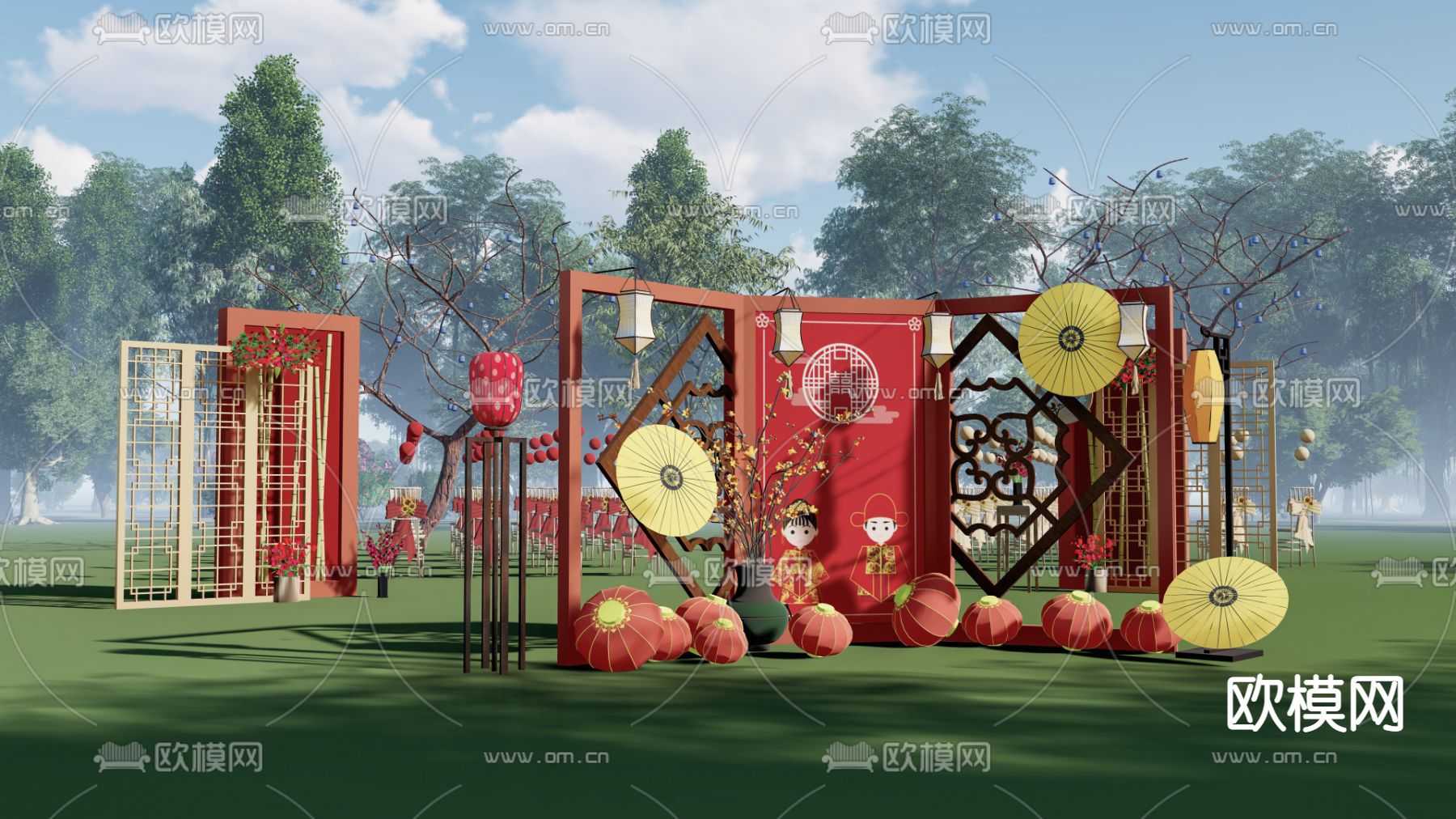 中式婚礼装扮su模型下载（渲染图1）