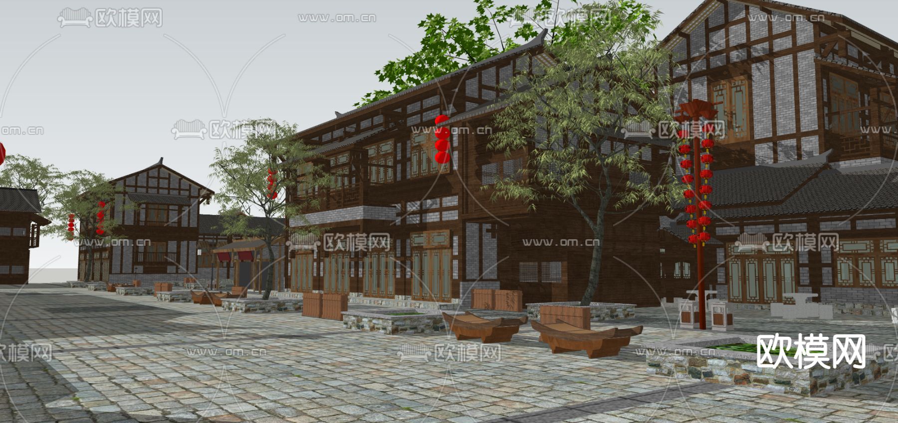 中式商业街su模型