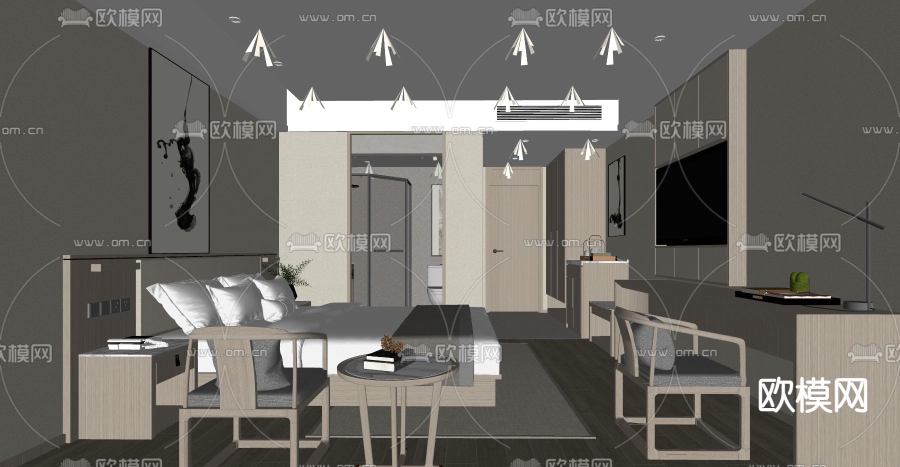 新中式酒店客房su模型下载（渲染图2）