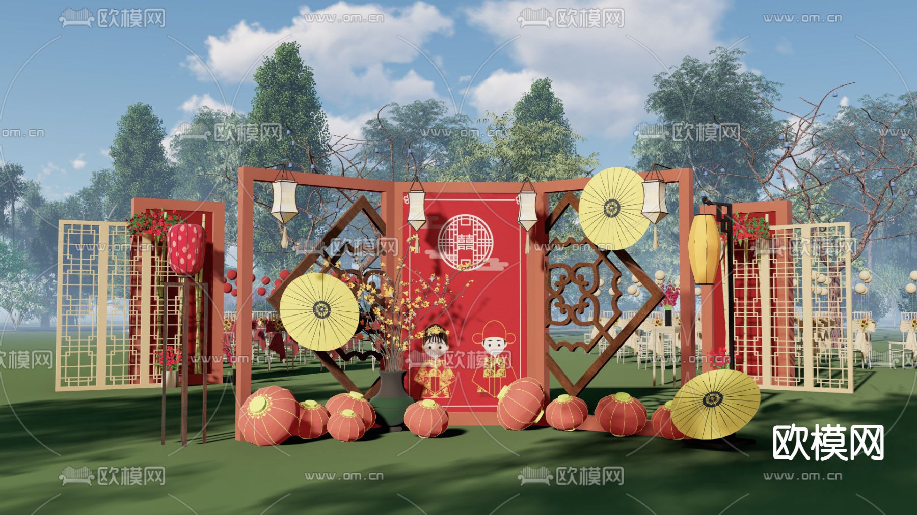 中式婚礼装扮su模型下载（渲染图2）