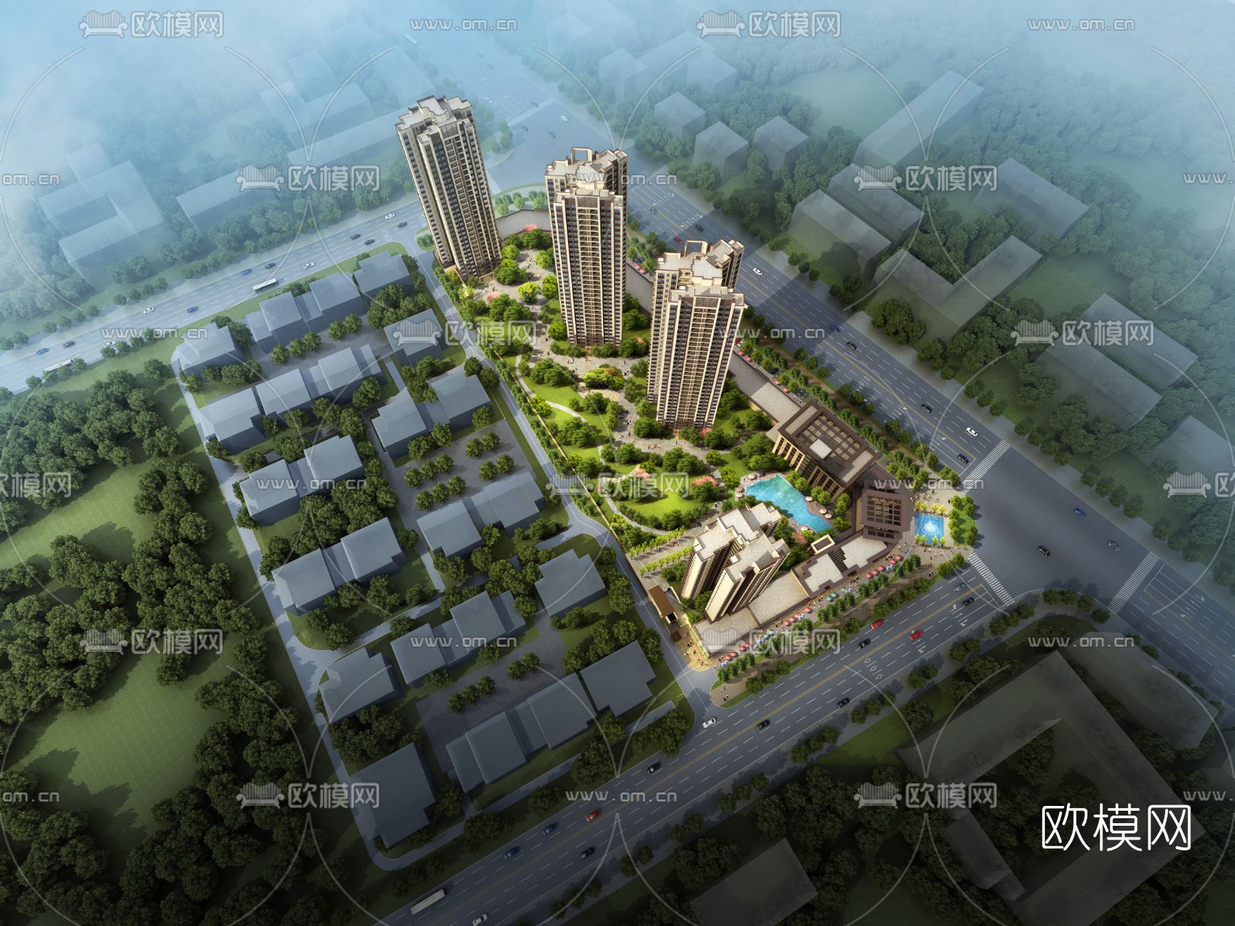 新中式小区住宅楼鸟瞰规划3d模型下载