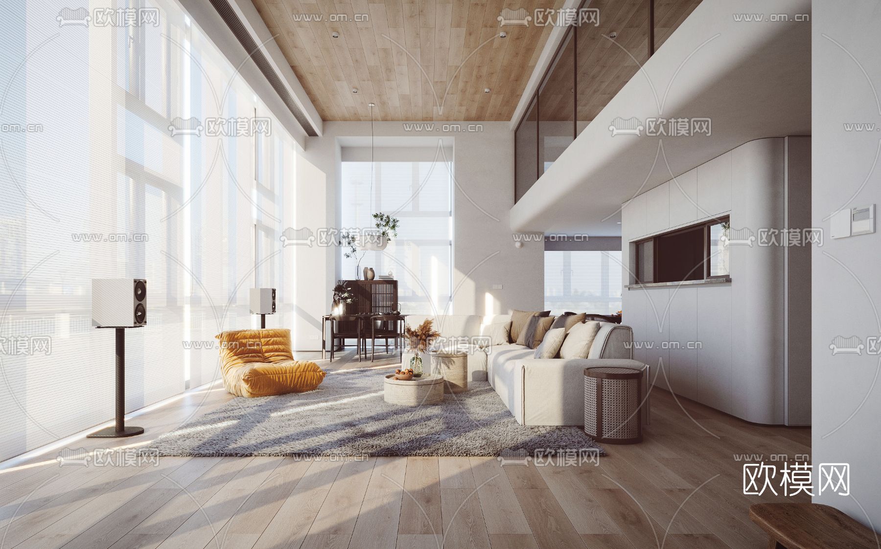 现代别墅客厅餐厅3d模型下载（渲染图1）