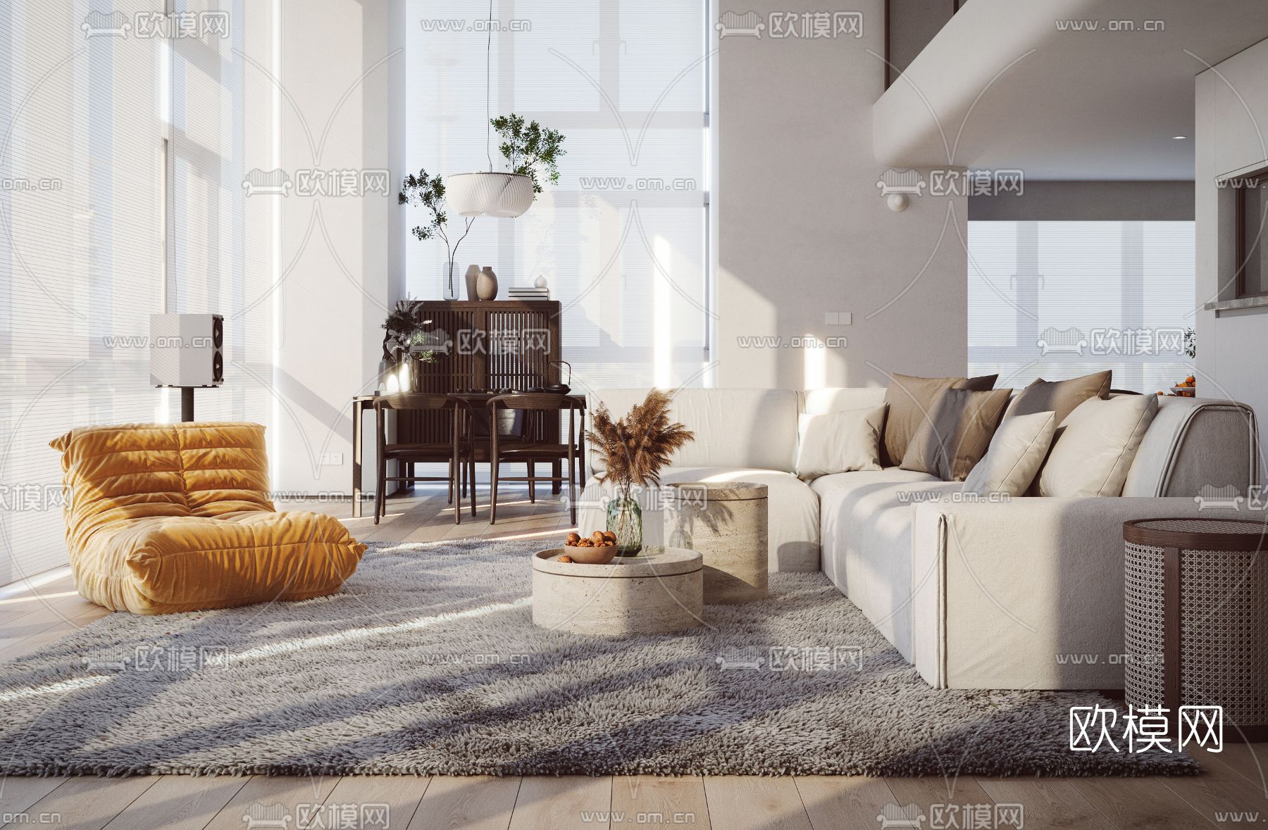 现代别墅客厅餐厅3d模型下载（渲染图3）