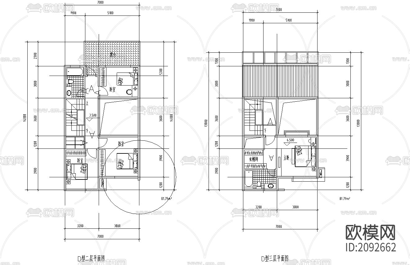 D型住宅平立剖面CAD施工图下载（渲染图2）