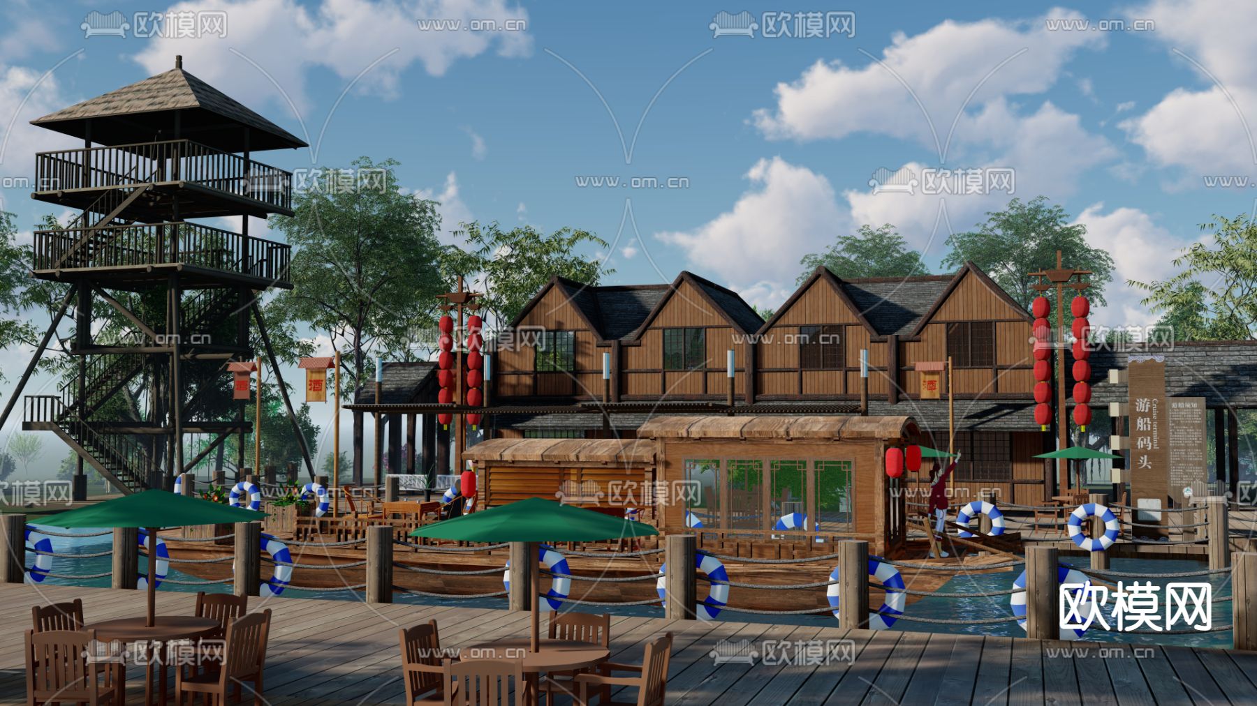 中式古代码头景观su模型下载（渲染图2）