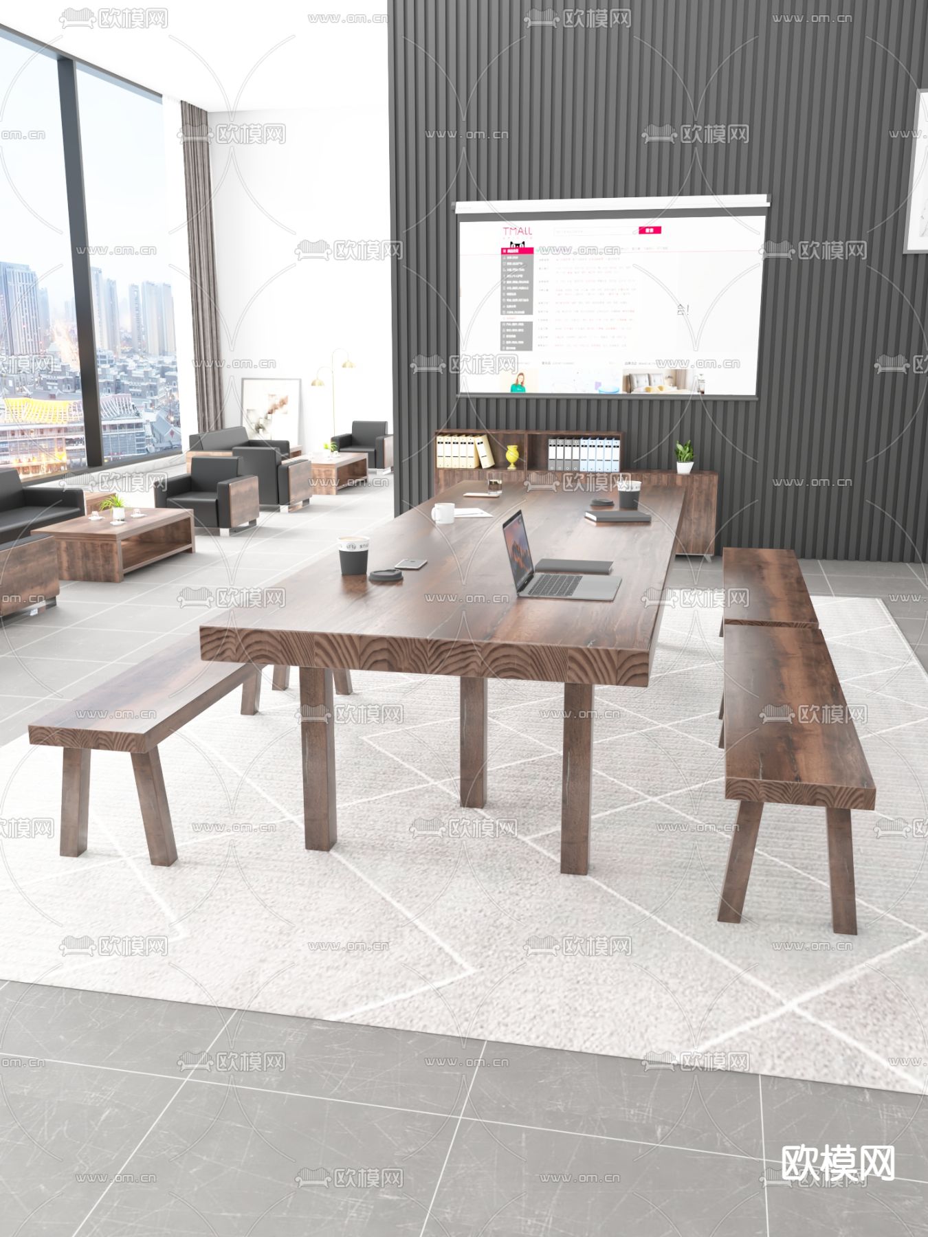 现代实木会议桌椅办公沙发组合d模型下载（渲染图2）