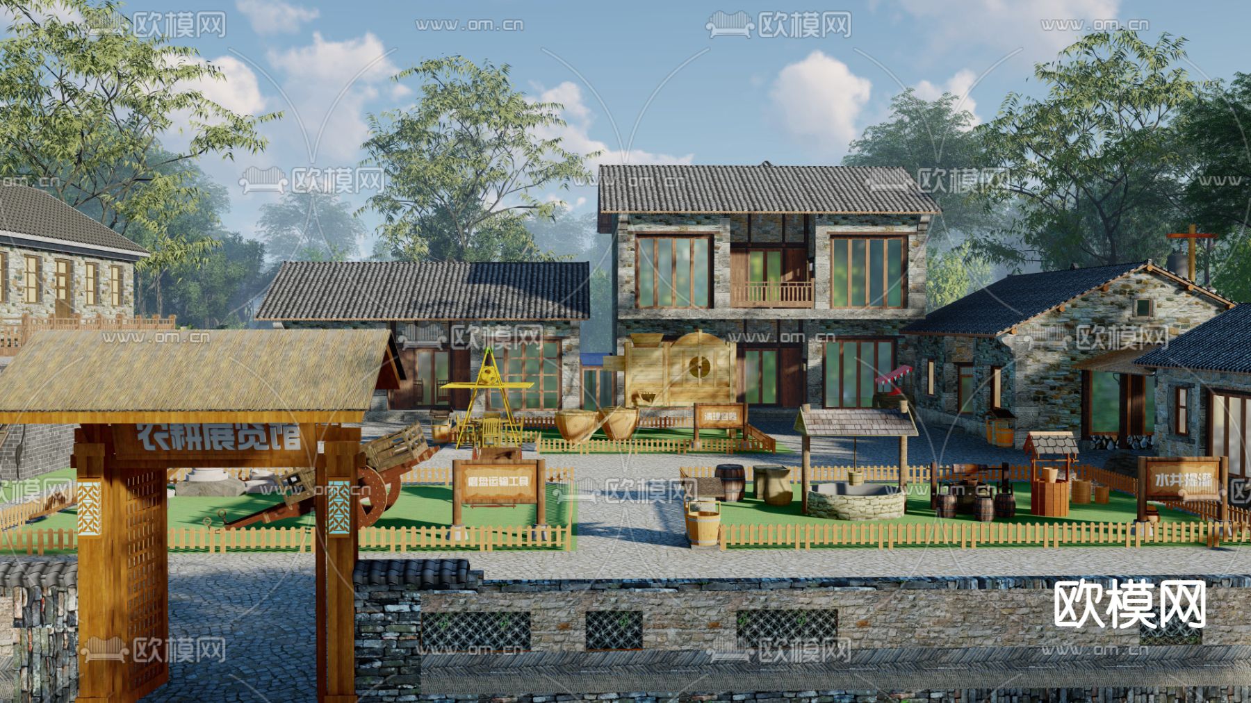 中式乡村民宿外观su模型下载（渲染图1）