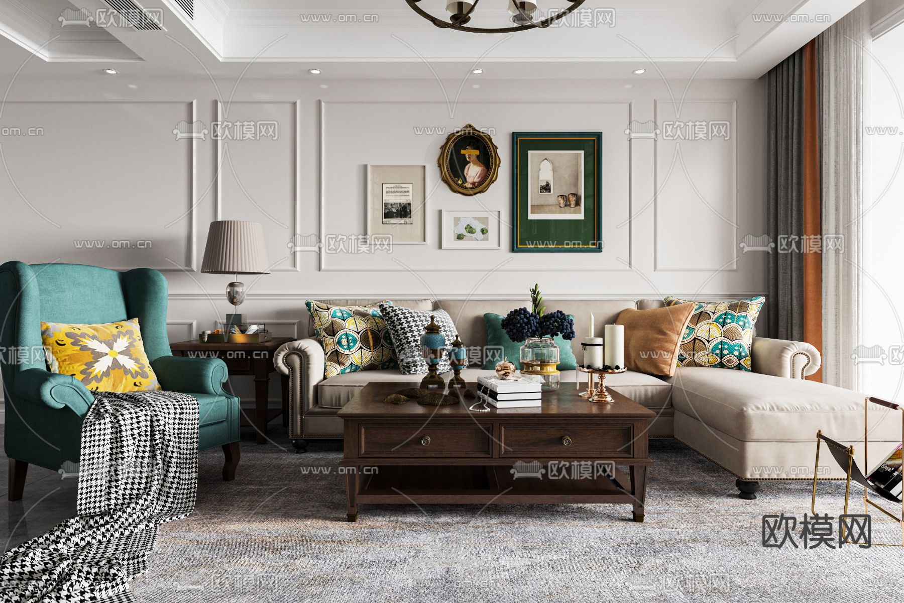 美式客厅餐厅3d模型下载（渲染图1）